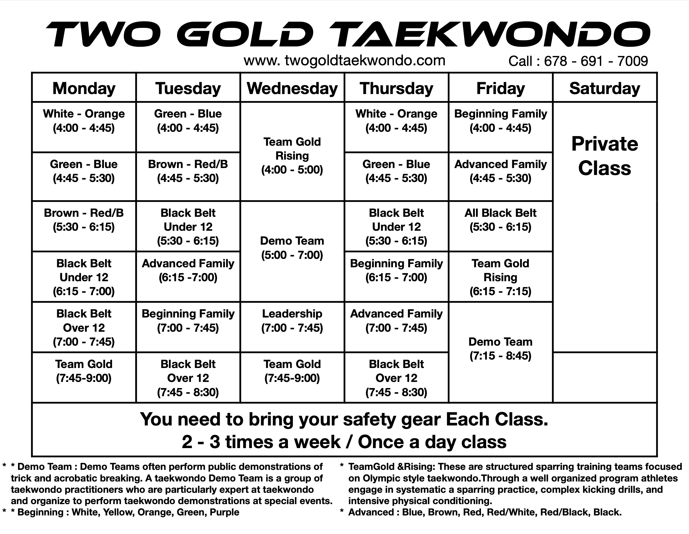 Johns Creek Class Schedule